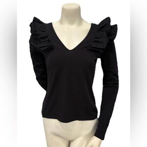 Drew Black Ruffle Shoulder V-Neck Long Sleeve Top | Size S